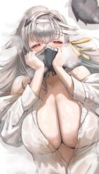 1girl absurdres bandage_on_hair bare_shoulders black_male_underwear breasts cleavage collarbone commentary female_pervert goddess_of_victory:_nikke grey_hair highres huge_breasts jindogod long_hair long_sleeves lying male_underwear modernia_(first_affection)_(nikke) modernia_(nikke) off_shoulder on_back pervert red_eyes see-through_clothes see-through_shirt shirt smelling smelling_clothes solo underwear upper_body white_shirt