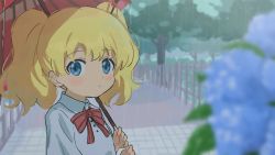 Rule 34 | 1girl, alice cartelet, blonde hair, blue eyes, blue flower, blurry, blurry background, blurry foreground, blush, bow, bowtie, closed mouth, depth of field, flower, highres, holding, holding umbrella, hydrangea, kin-iro mosaic, looking at viewer, medium hair, red bow, red bowtie, red umbrella, shirt, sincos, solo, twintails, umbrella, upper body, white shirt