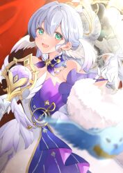 Rule 34 | 1girl, absurdres, aqua eyes, bare shoulders, bird, detached collar, detached sleeves, dress, earrings, gloves, hair between eyes, halo, hand up, head wings, highres, holding, honkai: star rail, honkai (series), jewelry, long hair, looking at viewer, open mouth, pigeon, purple dress, purple hair, reflection, robin (honkai: star rail), shirochan, smile, solo, teeth, two-tone dress, upper teeth only, white dress, white gloves, white wings, wings