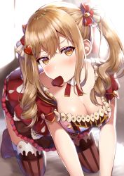 Rule 34 | 1girl, absurdres, all fours, bang dream!, blonde hair, blush, bow, breasts, brown eyes, candy, chocolate, chocolate heart, cleavage, commentary request, detached collar, dress, food, hair bow, hair ornament, heart, heart hair ornament, highres, ichigaya arisa, large breasts, long hair, looking at viewer, mia (fai1510), mouth hold, neck ribbon, no shoes, red bow, red ribbon, ribbon, short sleeves, sidelocks, solo, striped clothes, striped thighhighs, thighhighs, twintails, vertical-striped clothes, vertical-striped thighhighs, white day