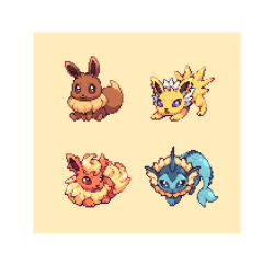 Rule 34 | beige background, blue eyes, brown eyes, closed mouth, commentary, creature, eevee, excarabu, flareon, full body, gen 1 pokemon, jolteon, looking at viewer, lying, no humans, pixel art, pokemon, pokemon (creature), purple eyes, sitting, smile, standing, top-down bottom-up, vaporeon