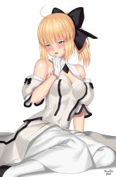 Rule 34 | 1girl, :o, absurdres, ahoge, arm support, armpit crease, artoria pendragon (all), artoria pendragon (fate), bare shoulders, black bow, blonde hair, bow, breasts, cleavage, detached sleeves, dress, fate/grand order, fate (series), gloves, green eyes, hair bow, highres, huusri, long hair, looking at viewer, saber (fate), saber lily, simple background, sitting, solo, tearing up, thighhighs, white background, white dress, white gloves, yokozuwari