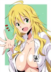Rule 34 | 1girl, :d, absurdres, ahoge, areola slip, blonde hair, blouse, breasts, censored, censored by text, censored nipples, collarbone, collared shirt, commentary request, dated, green background, green eyes, hair between eyes, highres, hoshii miki, idolmaster, idolmaster (classic), island (kossori), large breasts, long hair, looking at viewer, no bra, open clothes, open mouth, open shirt, outside border, shirt, smile, solo, two-tone background, upper body, white background, white shirt