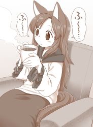Rule 34 | 1girl, aged down, animal ears, blowing, brooch, commentary request, cup, hot chocolate, imaizumi kagerou, jewelry, long hair, long skirt, long sleeves, monochrome, mug, poronegi, shirt, sitting, skirt, solo, tail, touhou, wolf ears, wolf tail