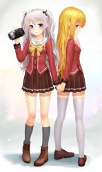 Rule 34 | 10s, 2girls, absurdres, aki99, aqua eyes, artist name, black ribbon, blonde hair, blush, boots, bow, breast pocket, brown footwear, brown skirt, camcorder, charlotte (anime), finger to own chin, grey legwear, hair ribbon, highres, holding, holding hands, interlocked fingers, long hair, long sleeves, looking at viewer, multiple girls, neckerchief, nishimori yusa, open mouth, pleated skirt, pocket, revision, ribbon, school uniform, shadow, shirt, shoes, skirt, smile, sony, standing, thighhighs, tomori nao, twintails, two side up, uniform, very long hair, vest, video camera, white background, white hair, white legwear, yellow bow, zeiss (lens), zettai ryouiki