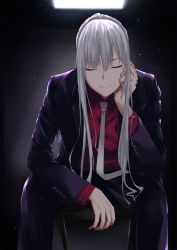 Rule 34 | 1girl, ak-12 (girls&#039; frontline), black background, chair, closed eyes, collared shirt, formal, girls&#039; frontline, head rest, highres, long hair, long sleeves, necktie, red shirt, sam desu, shirt, silver hair, sitting, smile, solo, suit, white necktie