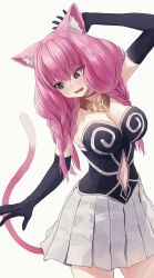 Rule 34 | 1girl, absurdres, alternate species, animal ear fluff, animal ears, arm up, aura (sousou no frieren), bare shoulders, black gloves, black shirt, blush, braid, breasts, cat ears, cat girl, cat tail, check clothing, cleavage, clothing cutout, collarbone, commentary, commentary request, cowboy shot, elbow gloves, fang, gloves, gold necklace, grey eyes, hair between eyes, highres, jewelry, kemonomimi mode, long hair, looking down, medium breasts, muginosa, multiple braids, navel, navel cutout, necklace, open mouth, pink hair, pleated skirt, shirt, simple background, skirt, solo, sousou no frieren, standing, strapless, strapless shirt, tail, white background, white skirt