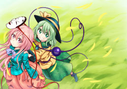Rule 34 | 2girls, black headwear, blue shirt, boots, bow, bubble skirt, buttons, circle, commentary request, diamond button, field, floral print, flower, frilled shirt collar, frilled sleeves, frills, green background, green eyes, green hair, green skirt, hat, hat ribbon, hata no kokoro, highres, komeiji koishi, long hair, long sleeves, looking at viewer, mask, mask on head, multiple girls, nobori ranzu, noh mask, pink eyes, pink hair, pink skirt, plaid, plaid shirt, purple bow, ribbon, rose, rose print, shirt, short hair, skirt, star (symbol), third eye, touhou, triangle, yellow bow, yellow shirt