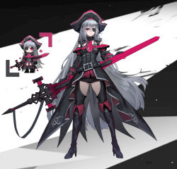 Rule 34 | absurdres, ahoge, alternate costume, arknights, belt, black belt, black dress, black gloves, black pants, boots, chibi, chinese commentary, clothing cutout, commentary request, dress, eyepatch, fish, full body, gloves, hat, high heel boots, high heels, highres, holding, holding sword, holding weapon, long hair, off-shoulder dress, off shoulder, pants, pirate hat, pirate ship, qiufenghaiming, red eyes, silver hair, skadi (arknights), sword, thigh boots, thigh cutout, thighhighs, very long hair, weapon