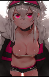 Rule 34 | 1girl, absurdres, bandeau, breasts, cleavage, collar, collarbone, downblouse, fur trim, goggles, goggles on head, hair between eyes, highres, jacket, looking at viewer, medium breasts, midriff, navel, niwamaru, niwarhythm, original, pink eyes, short shorts, shorts, simple background, smile, solo, underboob, white background, white hair