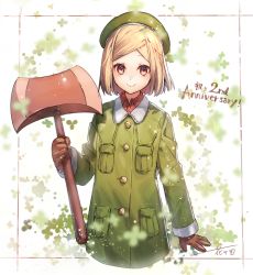 Rule 34 | 1girl, anniversary, axe, beret, blonde hair, blush, brown eyes, brown gloves, closed mouth, fate/grand order, fate (series), gloves, green hat, green jacket, hanagata, hat, holding, holding axe, jacket, long sleeves, looking at viewer, parted lips, paul bunyan (fate), short hair, smile, solo, weapon