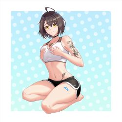 Rule 34 | 1girl, ahoge, arm tattoo, ass, azur lane, baltimore (azur lane), baltimore (black ace) (azur lane), bandaid, bandaid on leg, bare shoulders, barefoot, black choker, black shorts, blue background, blush, braid, breast hold, breasts, brown hair, chest tattoo, choker, cleavage, collarbone, french braid, full body, groin, hair between eyes, hands on own breasts, highres, large breasts, looking at viewer, matthew eldridge, midriff, navel, polka dot, polka dot background, seiza, short hair, short shorts, shorts, shoulder tattoo, sidelocks, simple background, sitting, smile, solo, sports bra, tattoo, taut clothes, thighs, white sports bra, yellow eyes