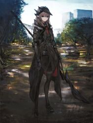 Rule 34 | 1girl, arms at sides, belt, black belt, black coat, black footwear, black jacket, black pantyhose, brown hair, building, closed mouth, coat, day, dirt road, expressionless, full body, gauntlets, hair between eyes, highres, holding, holding polearm, holding weapon, jacket, long hair, long sleeves, looking at viewer, necktie, open clothes, open coat, original, outdoors, pantyhose, pointy ears, polearm, red necktie, road, shoes, solo, spear, straight hair, thigh strap, tree, tuda6, vambraces, visor (armor), weapon