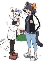Rule 34 | 3girls, absurdres, afterimage, alternate costume, animal ears, anteater ears, anteater tail, appleq, black hair, black jacket, black jaguar (kemono friends), black pantyhose, blush, boots, bow, brown footwear, bush, capri pants, casual, commentary request, denim, extra ears, fur jacket, grey hoodie, hairband, hand in own hair, hand in pocket, hands on own cheeks, hands on own face, height difference, highres, hood, hood down, hoodie, jacket, jaguar ears, jaguar girl, jaguar print, jaguar tail, jeans, kemono friends, letterman jacket, long hair, long sleeves, malayan tapir (kemono friends), multicolored clothes, multicolored jacket, multiple girls, open mouth, orange bow, orange hairband, pants, pantyhose, purple bow, purple hairband, raglan sleeves, shoes, short hair, smile, sneakers, southern tamandua (kemono friends), tail, tail wagging, tamandua ears, tapir ears, two-tone jacket, white footwear, white hair, white jacket