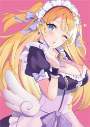 Rule 34 | 1girl, ;o, absurdres, alternate costume, blonde hair, blush, breasts, choker, cleavage, enmaided, finger heart, frilled choker, frills, hachimiya meguru, heart, heart-shaped pupils, highres, idolmaster, idolmaster shiny colors, large breasts, looking at viewer, maid, maid headdress, one eye closed, pink background, puffy short sleeves, puffy sleeves, short sleeves, simple background, solo, symbol-shaped pupils, two side up, upper body, white wings, wings, yuu5131