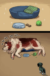 Rule 34 | animalization, ball, bed, bowl, character name, comic, dog, dog biscuit, emlan, fate/zero, fate (series), iskandar (fate), pet, pet bowl, pet food, size difference, sleeping, sparkle, waver velvet, zzz