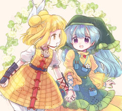Rule 34 | 2girls, abstract background, apron, arm ribbon, armor, biyon, blonde hair, blue hair, bow, breast pocket, double bun, dress, eye contact, flower, frilled hat, frills, hair bow, hair bun, hair ornament, haniwa (statue), haniyasushin keiki, hat, headdress, holding hands, japanese armor, jewelry, joutouguu mayumi, juliet sleeves, kote, long hair, long sleeves, looking at another, magatama, magatama necklace, multiple girls, necklace, open mouth, pencil, pocket, puffy short sleeves, puffy sleeves, purple eyes, ribbon, short hair, short sleeves, smile, touhou, yellow eyes