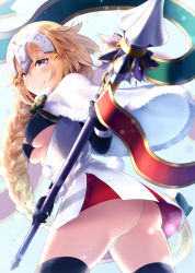 Rule 34 | 1girl, ass, banner, bell, bikini, bikini top only, black bikini, black gloves, black thighhighs, blonde hair, blue eyes, bow, braid, breasts, capelet, closed mouth, cosplay, cowboy shot, dress, elbow gloves, fate/grand order, fate (series), flipped hair, from behind, from below, fur-trimmed capelet, fur-trimmed gloves, fur trim, gloves, hair between eyes, headpiece, highres, holding, holding weapon, jeanne d&#039;arc (fate), jeanne d&#039;arc (ruler) (fate), jeanne d&#039;arc alter santa lily (fate), jeanne d&#039;arc alter santa lily (fate) (cosplay), koruta (nekoimo), lance, legs apart, long hair, looking at viewer, looking back, medium breasts, multicolored bow, polearm, short dress, single braid, smile, solo, standing, swimsuit, thighhighs, underboob, very long hair, weapon, white capelet