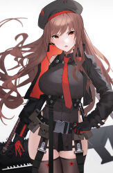 Rule 34 | 1girl, absurdres, asymmetrical sleeves, belt, beret, black belt, black gloves, black shirt, breasts, brown hair, brown thighhighs, collared shirt, cropped jacket, floating hair, gloves, goddess of victory: nikke, gun, hat, highres, holding, holding gun, holding weapon, large breasts, long hair, looking at viewer, military hat, necktie, open mouth, raitho, rapi (nikke), red eyes, red necktie, shirt, simple background, solo, strap, suspenders, thighhighs, uneven sleeves, v-shaped eyebrows, very long hair, weapon, white background