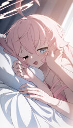 Rule 34 | 1girl, 1other, absurdres, ahoge, bare shoulders, bed, blue archive, blue eyes, blush, commentary request, halo, hand on another&#039;s cheek, hand on another&#039;s face, highres, hoshino (blue archive), huge ahoge, liyom, looking at viewer, on bed, one eye closed, open mouth, pink halo, pov, pov hands, upper body