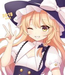 Rule 34 | 1girl, black bow, black hat, blonde hair, blush, bow, braid, breasts, cleavage, dated, hair bow, hat, hat bow, hat ribbon, kirisame marisa, long hair, looking at viewer, medium breasts, one eye closed, parted lips, puffy short sleeves, puffy sleeves, ribbon, short sleeves, smile, solo, teeth, touhou, upper body, v, white bow, white ribbon, witch hat, yamayu, yellow eyes