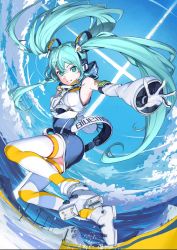 Rule 34 | 1girl, aqua eyes, aqua hair, blue sky, breasts, cloud, commentary request, detached sleeves, foreshortening, full body, gloves, grin, hair between eyes, hatsune miku, highres, horizon, long hair, looking at viewer, medium breasts, mountain, ocean, outstretched arm, panko (drive co), sky, smile, snow, solo, thighhighs, twintails, vocaloid, water, white gloves, yuki miku, zettai ryouiki