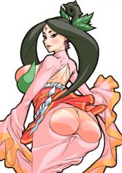 Rule 34 | 1girl, anus, ass, ass cutout, black hair, breasts, capcom, clothing cutout, huge breasts, japanese clothes, jewelry, kei (bekei), kimono, large breasts, leaf, looking back, markings, no panties, obi, ookami (game), ponytail, pussy, sakuya (ookami), sash, simple background, solo, uncensored