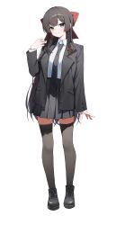 Rule 34 | 1girl, absurdres, black footwear, black hair, black jacket, black necktie, black skirt, black thighhighs, blue eyes, boots, bow, braid, closed mouth, collared shirt, cross-laced footwear, full body, hair bow, hand up, highres, huhi (huhi 1211), jacket, long hair, long sleeves, looking at viewer, necktie, open clothes, open jacket, red bow, shirayuki hina, shirt, simple background, single braid, skirt, smile, solo, standing, stellive, thighhighs, virtual youtuber, white background, white shirt, zettai ryouiki