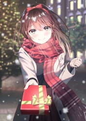 Rule 34 | 1girl, blush, brown hair, gift, hairband, highres, holding, koh rd, long hair, looking at viewer, night, original, pov, scarf, smile, snow, solo, standing, tree, winter, winter clothes