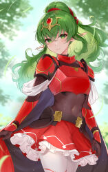 Rule 34 | 1girl, alternate costume, armor, belt, black belt, black cape, black gloves, breastplate, cape, closed mouth, commentary, cosplay, covered navel, cowboy shot, fire emblem, fire emblem: mystery of the emblem, fire emblem engage, gloves, green eyes, green hair, hair between eyes, haru (nakajou-28), highres, lapis (fire emblem), lapis (fire emblem) (cosplay), long hair, looking at viewer, nintendo, pantyhose, pointy ears, ponytail, red armor, red skirt, shoulder armor, skirt, solo, thighhighs, tiara, tiki (adult) (fire emblem), tiki (fire emblem), white pantyhose