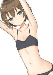 Rule 34 | 1girl, armpits, arms up, bad id, bad pixiv id, bare shoulders, bikini, black bikini, blue eyes, blush, breasts, brown hair, closed mouth, collarbone, commentary request, coraman, dutch angle, hair between eyes, highres, looking at viewer, navel, original, short hair, simple background, small breasts, smile, solo, swimsuit, white background