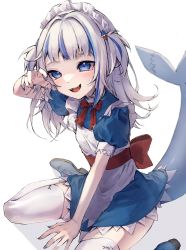 Rule 34 | 1girl, absurdres, alternate costume, apron, blue dress, blue eyes, blue footwear, blue hair, blue nails, claw pose, dress, enmaided, fingernails, fins, fish tail, gawr gura, highres, hololive, hololive english, looking at viewer, maid, maid headdress, multicolored hair, nail polish, neck ribbon, open mouth, red ribbon, ribbon, sakana-ko, shark tail, sharp fingernails, sharp teeth, simple background, sitting, smile, solo, streaked hair, tail, teeth, thighhighs, two side up, virtual youtuber, wariza, white apron, white background, white hair, white thighhighs