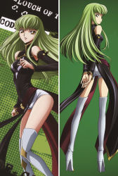 Rule 34 | 1girl, arms behind back, ass, back, boots, c.c., code geass, green hair, high heel boots, high heels, looking at viewer, shoes, short shorts, shorts, yellow eyes