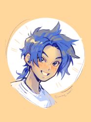 Rule 34 | 1boy, artist name, blouse, blue-haired boy (how to draw manga), blue eyes, blue hair, blush, derivative work, forehead, grin, hair tie, happy, highres, how to draw manga, how to draw manga redraw challenge (meme), looking at viewer, male focus, matching hair/eyes, meme, notice lines, orange background, ponytail, portrait, shirt, short hair, signature, simple background, sketch, smile, solo, teeth, twitter username, two-tone background, umino-mari, upper body, v-shaped eyebrows, white shirt