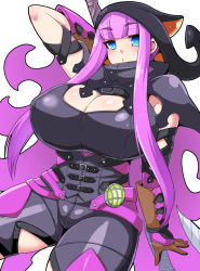 Rule 34 | 1girl, blunt bangs, breasts, cleavage, cleavage cutout, clothing cutout, huge breasts, long hair, monster hunter, monster hunter: world, monster hunter (series), namielle (armor), nishida megane, purple hair, simple background, solo, thick eyebrows, white background