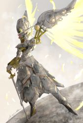 Rule 34 | absurdres, armor, character request, cross, falling feathers, feathers, full armor, gender request, glowing, halo, hand on hilt, hand on weapon, highres, ikuyoan, mechanical wings, other focus, planted, planted sword, planted weapon, shaman king, solo, standing, sword, weapon, wings, yellow feathers