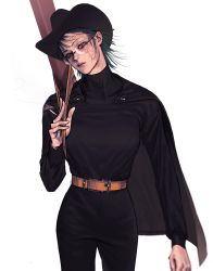 Rule 34 | 1girl, black capelet, black hat, black pants, black shirt, brown eyes, burn scar, capelet, cigarette, closed mouth, cowboy hat, cowboy shot, glasses, green hair, hat, high-waist pants, highres, holding, holding cigarette, jujutsu kaisen, long sleeves, looking at viewer, over shoulder, pants, scar, scar on face, shirt, short hair, simple background, smoke, solo, spoilers, standing, weapon bag, wengwengchim, white background, zenin maki