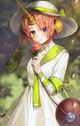 Rule 34 | 1girl, bag, bandaged arm, bandages, blue eyes, blurry, blurry background, blush, choker, closed mouth, cowboy shot, day, depth of field, dress, fate/grand order, fate (series), flower, frankenstein&#039;s monster (fate), gijang, green neckerchief, green ribbon, green sailor collar, hand on headwear, hat, hat ribbon, headgear, heterochromia, holding, holding flower, horns, lens flare, looking at viewer, neckerchief, official alternate costume, outdoors, parted bangs, petals, pink flower, pink rose, ribbon, ribbon choker, rose, sailor collar, sailor dress, short sleeves, shoulder bag, smile, solo, sun hat, upper body, white dress, white hat, yellow eyes