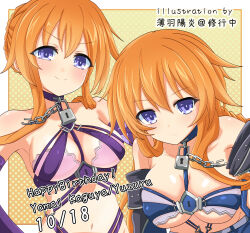 2girls bare_shoulders braid breasts chain cleavage date_a_live drill_hair folded_braid hair_between_eyes happy_birthday highres keyhole large_breasts lock long_hair looking_at_viewer medium_breasts multiple_girls navel orange_hair purple_eyes revealing_clothes siblings sidelocks sisters smile usuba_kagerou_(shougyouchu) v-shaped_eyebrows yamai_kaguya yamai_yuzuru