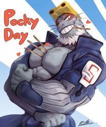 Rule 34 | 1boy, abs, bara, beard, between pectorals, biceps, blue bodysuit, blue male swimwear, bodysuit, boku no hero academia, cowboy hat, facial hair, fins, fish boy, flexing, food, food in mouth, furry, furry male, grin, hat, heart, highres, holding, holding food, holding pocky, large pectorals, looking at viewer, male focus, male swimwear, mature male, mouth hold, muscular, muscular male, pectoral cleavage, pectorals, pocky, pocky day, pocky in mouth, rabbity art, seal boy, selkie (boku no hero academia), short hair, smile, solo, triceps, wet suit, whiskers