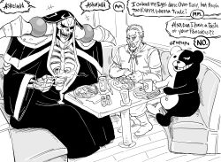 Rule 34 | +++, 3boys, ainz ooal gown, askeladd, bb (baalbuddy), commentary, couch, crossover, cup, danganronpa (series), denny&#039;s, egg (food), english commentary, english text, food, fried egg, greyscale, highres, holding, holding cup, monochrome, monokuma, mug, multiple boys, multiple crossover, overlord (maruyama), parted lips, robe, salt shaker, shirt, sitting, skeleton, table, vinland saga