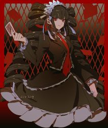 Rule 34 | 1girl, arm up, bad id, bad pixiv id, black hair, black nails, bonnet, border, breasts, card, celestia ludenberg, commentary, cowboy shot, danganronpa: trigger happy havoc, danganronpa (series), drill hair, frilled sleeves, frills, gothic lolita, gradient background, haun, holding, holding card, lolita fashion, long hair, looking at viewer, medium breasts, muted color, nail polish, necktie, playing card, red eyes, red necktie, smile, solo, twin drills, white headwear