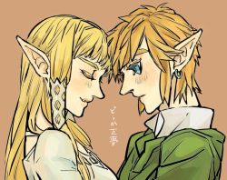 Rule 34 | 1boy, 1girl, bad id, bad pixiv id, blonde hair, closed eyes, couple, earrings, jewelry, link, lips, long hair, looking at another, nintendo, parted lips, pointy ears, princess zelda, simple background, smile, the legend of zelda, the legend of zelda: skyward sword, tobacco (tabakokobata)
