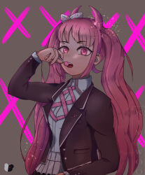 Rule 34 | 1girl, black jacket, bow, candy, child, danganronpa (series), danganronpa another episode: ultra despair girls, eyebrows, eyelashes, fake horns, female focus, fingernails, food, grey background, hair bow, hairband, headband, horned headwear, horns, jacket, kimile01, lollipop, long hair, long sleeves, looking at viewer, matching hair/eyes, open mouth, parted bangs, pink eyes, pink hair, pink hairband, pink headband, pink horns, polka dot, polka dot bow, shirt, simple background, solo, standing, teeth, tongue, twintails, upper teeth only, utsugi kotoko, white bow, white shirt, x (symbol)