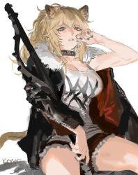 Rule 34 | 1girl, animal ears, arknights, artist name, black choker, black jacket, black nails, blonde hair, breasts, candy, choker, cleavage, cowboy shot, food, frischenq, fur-trimmed jacket, fur trim, hair between eyes, hammer, holding, holding weapon, jacket, large breasts, lion ears, lion tail, lips, lollipop, long hair, mouth hold, nail polish, open clothes, open jacket, over shoulder, ponytail, red shorts, short shorts, shorts, siege (arknights), signature, simple background, sledgehammer, solo, studded choker, tail, tank top, teeth, weapon, weapon over shoulder, white background, white tank top, yellow eyes