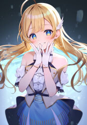 Rule 34 | 1girl, ahoge, bare shoulders, blonde hair, blue eyes, blue hair, blue skirt, bow, collarbone, commentary request, copyright request, detached sleeves, floating hair, gloves, grin, hands up, highres, long hair, looking at viewer, momoshiki tsubaki, multicolored hair, puffy short sleeves, puffy sleeves, short sleeves, signature, skirt, smile, solo, two-tone hair, very long hair, virtual youtuber, white bow, white gloves, white sleeves
