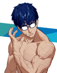 Rule 34 | 1girl, blue hair, closed eyes, commentary, glasses, hand up, highres, looking at viewer, male focus, muscular, muscular male, original, short hair, some1else45, sweatdrop, symbol-only commentary, topless male, upper body, v-shaped eyebrows, veins, veiny arms