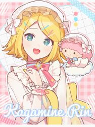 Rule 34 | + +, 2girls, blonde hair, blue eyes, bow, character name, checkered background, cloud, collar, frilled collar, frilled wrist cuffs, frills, grid background, hair ornament, hairclip, hand up, hat, highres, kagamine rin, lala (little twin stars), long sleeves, looking at viewer, medium hair, mob cap, multiple girls, open mouth, pillow, pink background, pink hair, project sekai, red bow, ribbon, sanrio, see-through, see-through sleeves, short hair, smile, solo, star (symbol), upper body, vocaloid, waka (wk4444), wrist cuffs, yellow nails