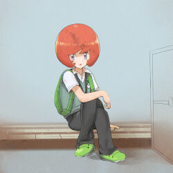 Rule 34 | 1boy, arm support, backpack, bag, byte (grunty-hag1), collared shirt, commentary request, creatures (company), full body, game freak, green bag, green footwear, grey eyes, male focus, nintendo, orange hair, pants, parted lips, pokemon, pokemon xy, shirt, shoes, short sleeves, sitting, solo, trevor (pokemon), vest, white shirt