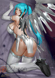 Rule 34 | 1girl, aqua hair, ariverkao, ass, blue eyes, boots, breasts, dated, elbow gloves, from behind, gloves, high heel boots, high heels, kneeling, large breasts, leotard, lips, long hair, looking at viewer, looking back, mechanical wings, original, parted lips, patreon logo, ponytail, signature, solo, strapless, strapless leotard, thigh boots, thighhighs, white footwear, white gloves, wings